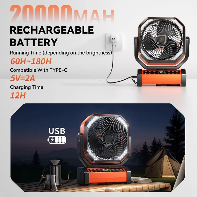 Alt view image 5 of 7 - Camping LED Fan with Light, 20000mAh Rechargeable Battery Powered Outdoor Tent Fan with Light and Hook, 8 Speed, Personal USB Desk Fan for Camping, Fishing, Power Outage,Hurricane, Worksite