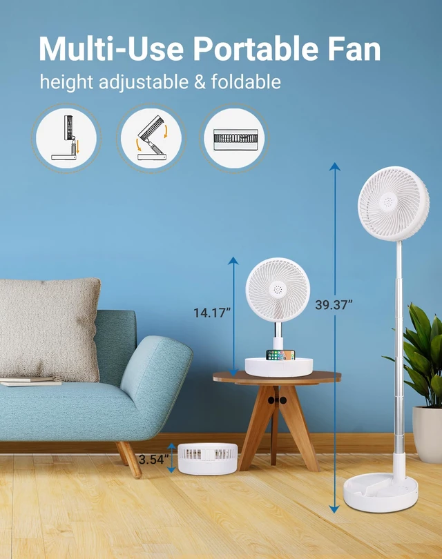 Alt view image 3 of 7 - Portable Rechargeable Fan, 7200mAh Battery Operated Fan with Remote | Foldable ,6-21H, 4 Speed Settings, Floor Table Desk Fan for Travel Camping Cruise Bedroom, White 7.7"