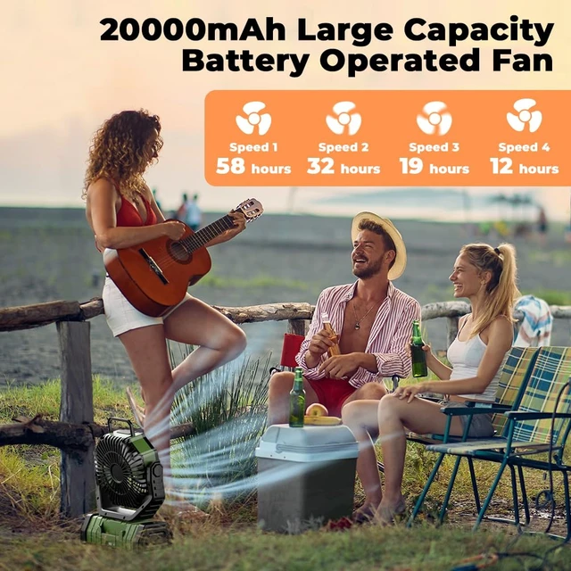 Alt view image 4 of 7 - VOSFEEL Camping Fan - 20000mAh Battery Powered Fan Rechargeable with LED Lantern - Portable Outdoor Tent Fans with Hanging Hook 4 Speeds Wind Remote Control, Green