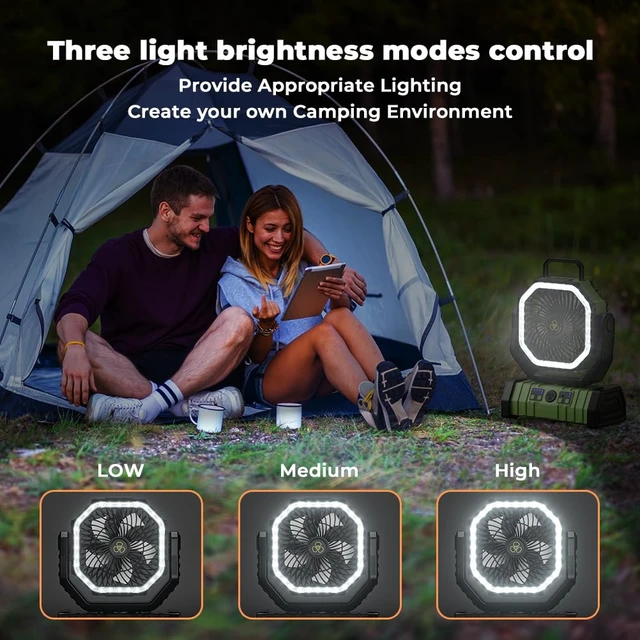 Alt view image 5 of 7 - VOSFEEL Camping Fan - 20000mAh Battery Powered Fan Rechargeable with LED Lantern - Portable Outdoor Tent Fans with Hanging Hook 4 Speeds Wind Remote Control, Green