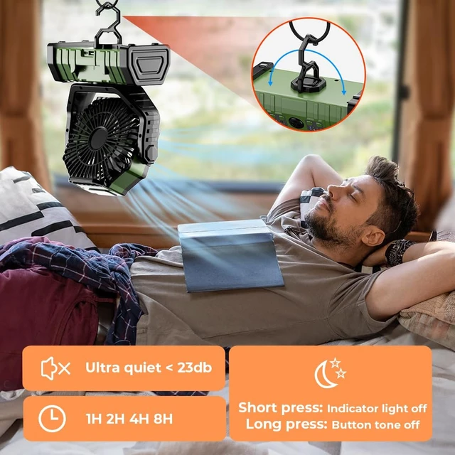 Alt view image 3 of 7 - VOSFEEL Camping Fan - 20000mAh Battery Powered Fan Rechargeable with LED Lantern - Portable Outdoor Tent Fans with Hanging Hook 4 Speeds Wind Remote Control, Green