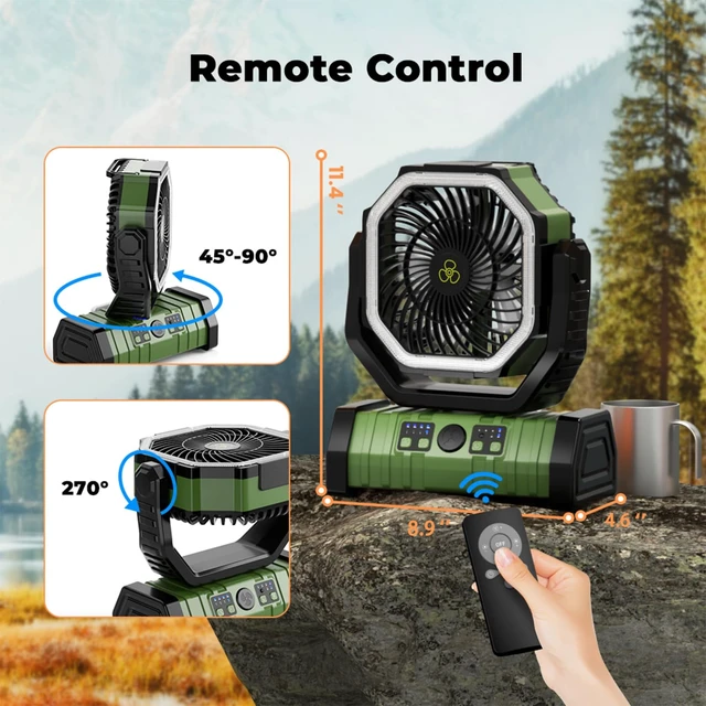 Alt view image 7 of 7 - VOSFEEL Camping Fan - 20000mAh Battery Powered Fan Rechargeable with LED Lantern - Portable Outdoor Tent Fans with Hanging Hook 4 Speeds Wind Remote Control, Green
