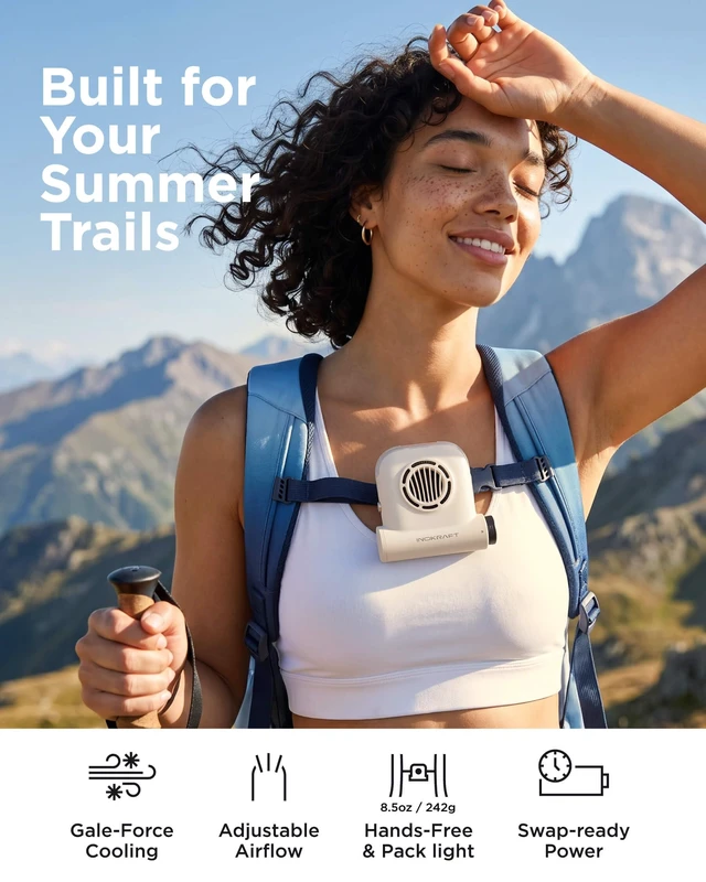 Alt view image 2 of 7 - InoKraft Waist Fan with 2 Swappable 4Ah Batteries | Portable Rechargeable Fan for Hiking & Travel, Clip-On Waist Fan, Extended Runtime for Long Trips, 49 ft/s Turbo Airflow