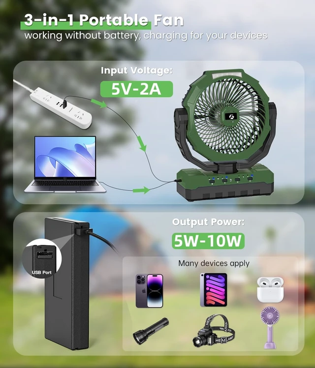Alt view image 3 of 7 - 36000mAh Camping Fan,120H Rechargeable Fan Portable with Detachable Battery | Ventilador Recargable with 4 Speeds, LED, Timers,Battery Operated Outdoor Fan for Tent,Office,Jobsite,Workshop,Travel