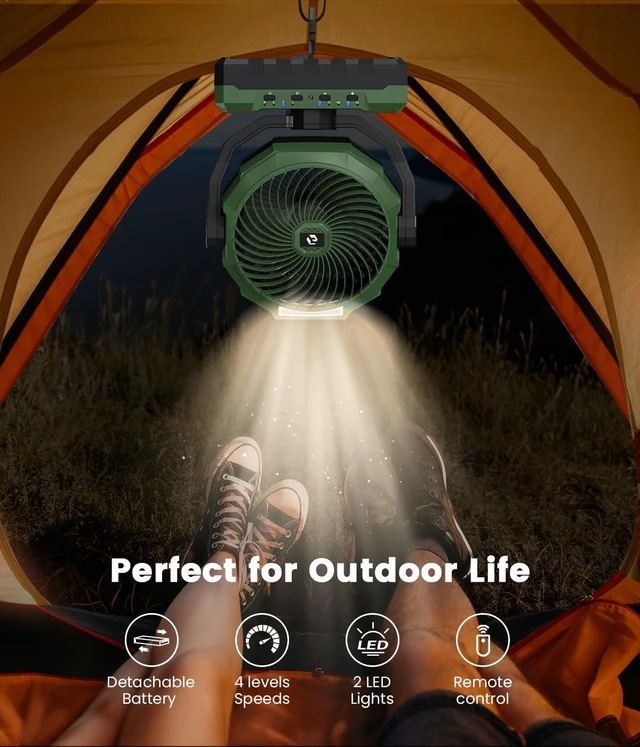 Alt view image 6 of 7 - 36000mAh Camping Fan,120H Rechargeable Fan Portable with Detachable Battery | Ventilador Recargable with 4 Speeds, LED, Timers,Battery Operated Outdoor Fan for Tent,Office,Jobsite,Workshop,Travel