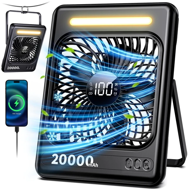 Main image of 20000mAh Battery Powered Camping Fan, Max 60H Runtime, Ultra-Slim, 5 Speeds | 2/4/6/8 Timer, Quiet, Portable Rechargeable Fan, LED Lantern, Digital Display & Hook, Use for Tent, Bedroom, Outdoor