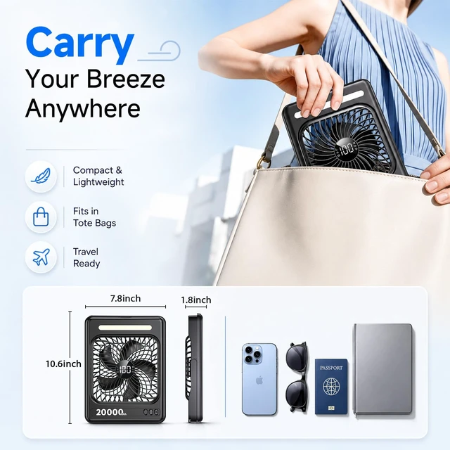 Alt view image 4 of 7 - 20000mAh Battery Powered Camping Fan, Max 60H Runtime, Ultra-Slim, 5 Speeds | 2/4/6/8 Timer, Quiet, Portable Rechargeable Fan, LED Lantern, Digital Display & Hook, Use for Tent, Bedroom, Outdoor