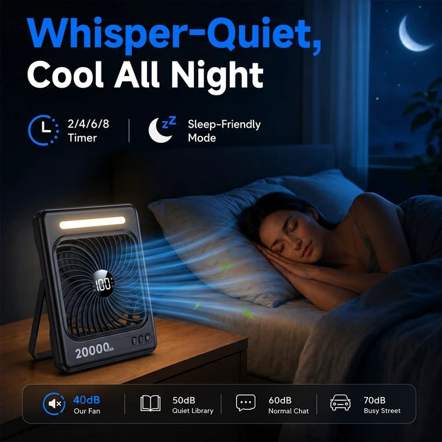 Alt view image 5 of 7 - 20000mAh Battery Powered Camping Fan, Max 60H Runtime, Ultra-Slim, 5 Speeds | 2/4/6/8 Timer, Quiet, Portable Rechargeable Fan, LED Lantern, Digital Display & Hook, Use for Tent, Bedroom, Outdoor