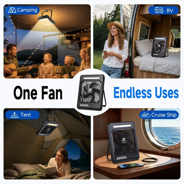 Alt view image 6 of 7 - 20000mAh Battery Powered Camping Fan, Max 60H Runtime, Ultra-Slim, 5 Speeds | 2/4/6/8 Timer, Quiet, Portable Rechargeable Fan, LED Lantern, Digital Display & Hook, Use for Tent, Bedroom, Outdoor