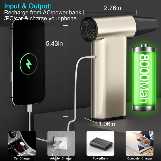 Alt view image 4 of 6 - Compressed Air Duster-310,000RPM Cordless Air Blower, ell Phone Charger | 4 Gear Adjustable Turbo Fan, Super Power Electric Air Duster, for Computer, Keyboard, Outdoor, House and Car