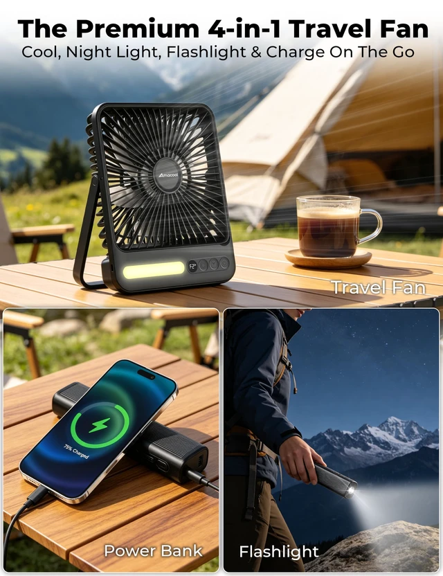 Alt view image 3 of 7 - AMACOOL 4-in-1 Portable Rechargeable Travel Fan for Sleeping, Ultra-Thin 8-Inch, 10000mAh Detachable Power Bank with Flashlight, Battery Operated Fan for Camping Tent Outdoor Cruise Essentials 2026