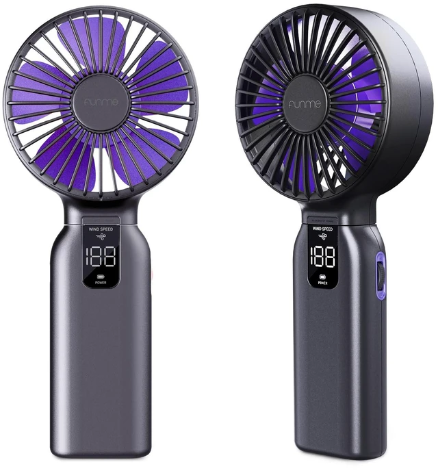 Main image of Funme Portable Handheld Fan, 10000mAh Rechargeable Personal Fan with 1-100 Speed Scroll Wheel Control, 46H Max Cooling, Boost Mode, LED Display, Metal Body, Foldable Desk Fan for Travel Outdoor, Blue
