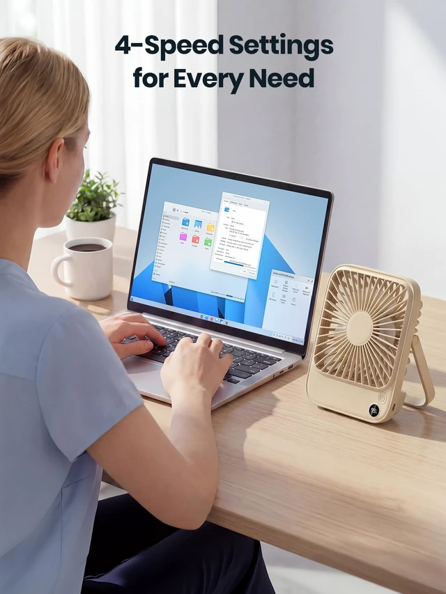 Alt view image 6 of 7 - TOPK 2 Pack Portable Desk Fan 5000mAh, Quiet, Ultra-Thin | Rechargeable Fans, 4-Speed Quiet, LED Display For Office, Bedroom, Cruise & Travel