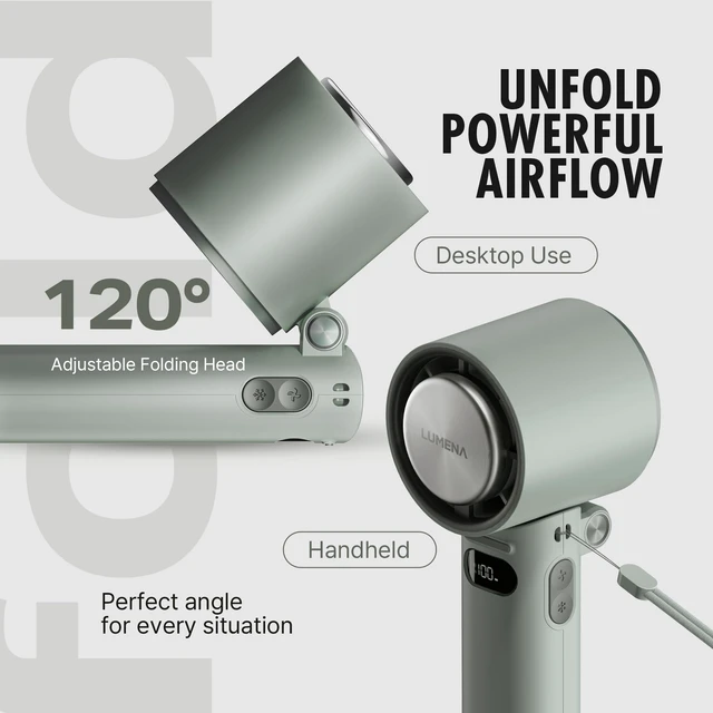 Alt view image 3 of 7 - LUMENA FAN JET ULTRA FOLD - Portable Fan with Peltier Cooling Plate, Foldable Handheld & Desk Fan, 10-Speed Control, LCD Display, 4800mAh Rechargeable Battery, USB-C (Ash White)