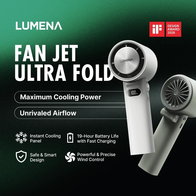 Alt view image 2 of 7 - LUMENA FAN JET ULTRA FOLD - Portable Fan with Peltier Cooling Plate, Foldable Handheld & Desk Fan, 10-Speed Control, LCD Display, 4800mAh Rechargeable Battery, USB-C (Ash White)