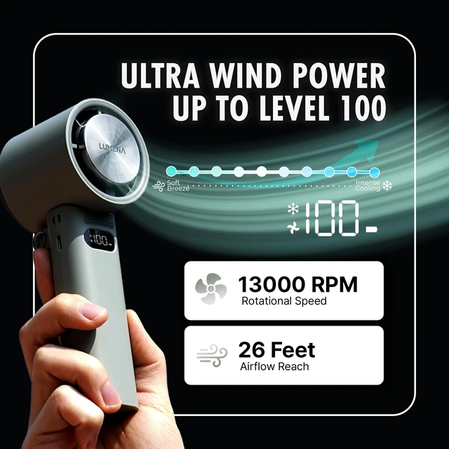Alt view image 4 of 7 - LUMENA FAN JET ULTRA FOLD - Portable Fan with Peltier Cooling Plate, Foldable Handheld & Desk Fan, 10-Speed Control, LCD Display, 4800mAh Rechargeable Battery, USB-C (Ash White)
