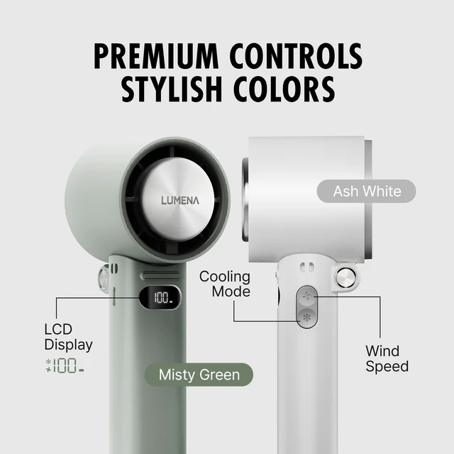 Alt view image 7 of 7 - LUMENA FAN JET ULTRA FOLD - Portable Fan with Peltier Cooling Plate, Foldable Handheld & Desk Fan, 10-Speed Control, LCD Display, 4800mAh Rechargeable Battery, USB-C (Ash White)