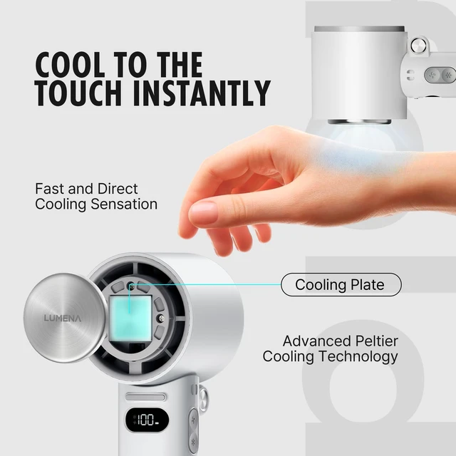 Alt view image 5 of 7 - LUMENA FAN JET ULTRA FOLD - Portable Fan with Peltier Cooling Plate, Foldable Handheld & Desk Fan, 10-Speed Control, LCD Display, 4800mAh Rechargeable Battery, USB-C (Ash White)