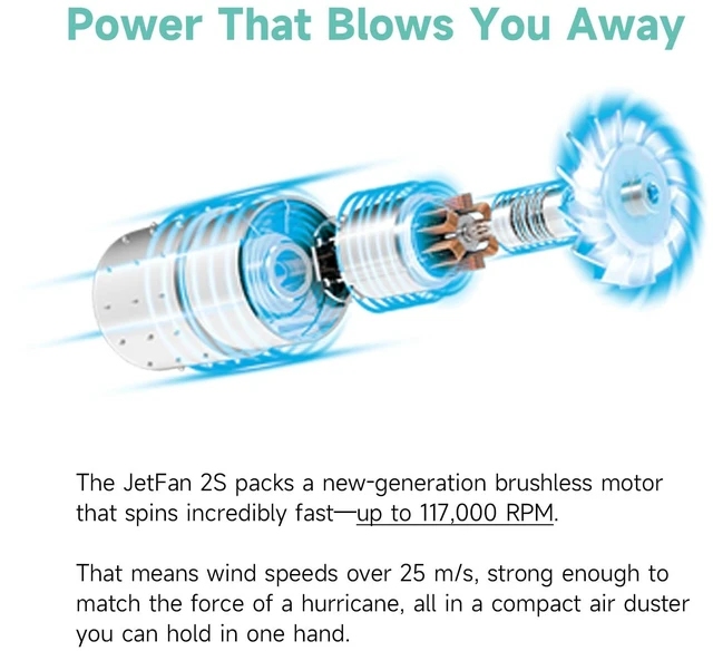 Alt view image 3 of 7 - KiCA JetFan 2S Electric Air Duster, 117,000RPM Blower, Black | Powerful electric blower with rechargeable battery, metal construction and versatile use for keyboards, cars and camping