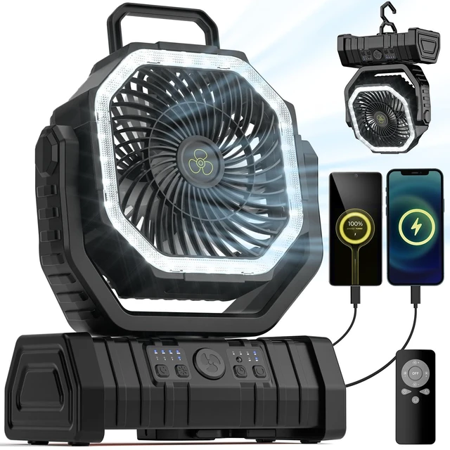 Main image of VOSFEEL Camping Fan - 20000mAh Battery Powered Fan Rechargeable with LED Lantern - Portable Outdoor Tent Fans with Hanging Hook 4 Speeds Wind Remote Control, Black