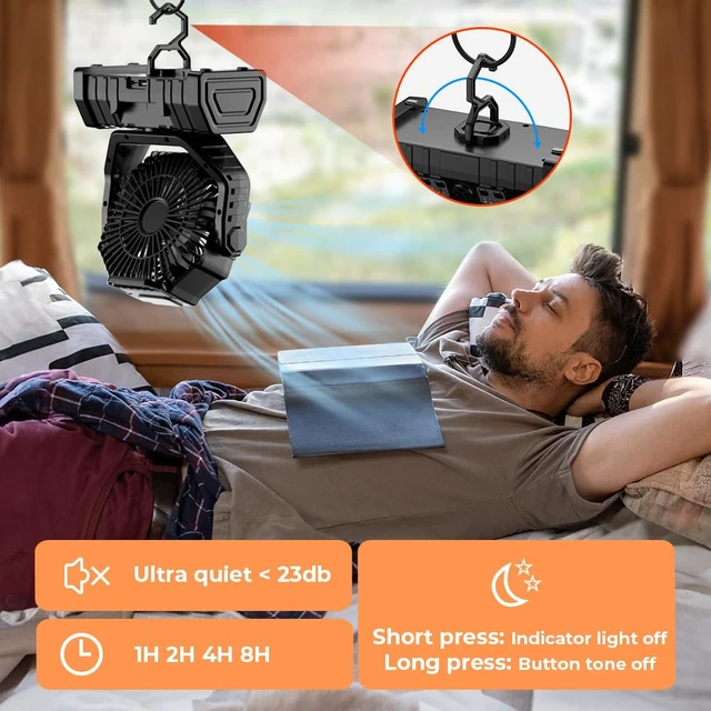Alt view image 3 of 7 - VOSFEEL Camping Fan - 20000mAh Battery Powered Fan Rechargeable with LED Lantern - Portable Outdoor Tent Fans with Hanging Hook 4 Speeds Wind Remote Control, Black