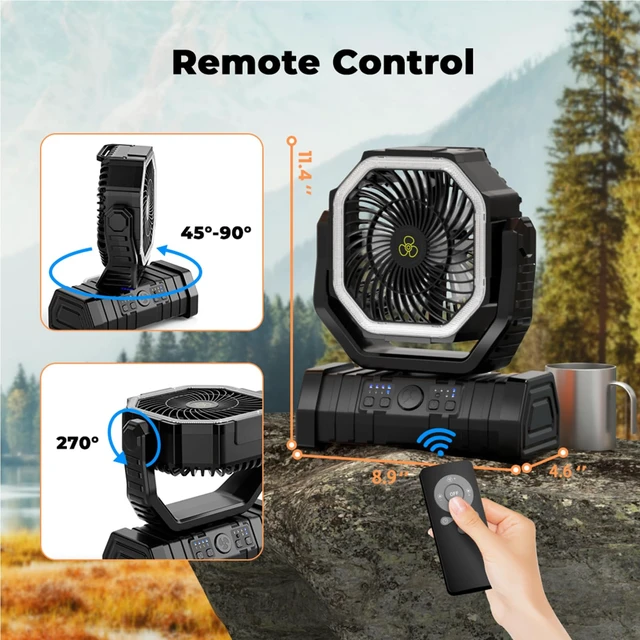 Alt view image 7 of 7 - VOSFEEL Camping Fan - 20000mAh Battery Powered Fan Rechargeable with LED Lantern - Portable Outdoor Tent Fans with Hanging Hook 4 Speeds Wind Remote Control, Black