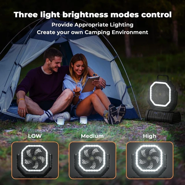 Alt view image 5 of 7 - VOSFEEL Camping Fan - 20000mAh Battery Powered Fan Rechargeable with LED Lantern - Portable Outdoor Tent Fans with Hanging Hook 4 Speeds Wind Remote Control, Black