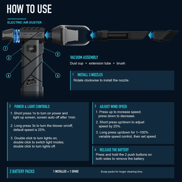 Alt view image 2 of 7 - Compressed Air Duster/Vacuum, 2-in-1 with 2 Swappable Batteries & Case | 150,000 RPM Electric Blower, Rechargeable, 4-Speed Adjustable, LED Light, for Keyboard, Computer, Car & Home, Frosted Black