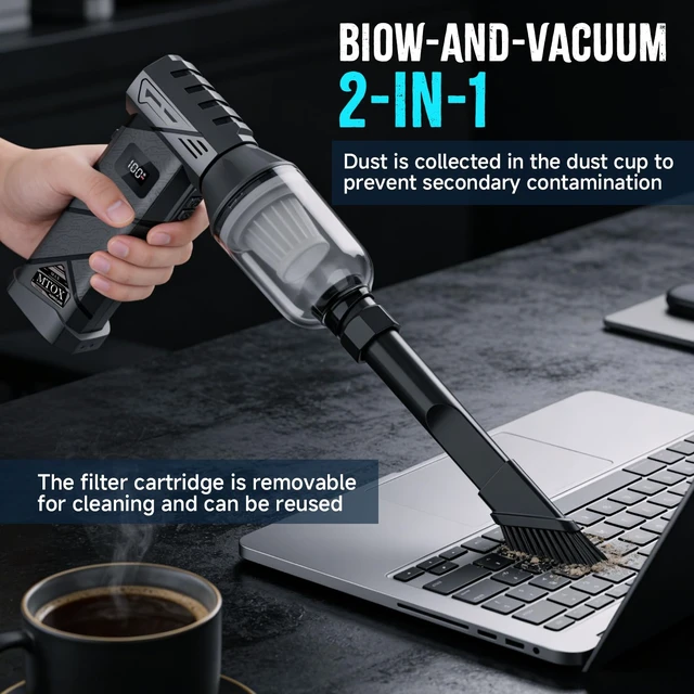 Alt view image 7 of 7 - Compressed Air Duster/Vacuum, 2-in-1 with 2 Swappable Batteries & Case | 150,000 RPM Electric Blower, Rechargeable, 4-Speed Adjustable, LED Light, for Keyboard, Computer, Car & Home, Frosted Black
