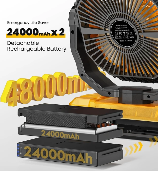 Alt view image 2 of 7 - Fan with Detachable Battery,Rechargeable Fan with 127H Working Time | 48000mAh Ventilador Recargable with Hook, Timers, Remote - Battery Powered Fans for Tent, Travel, Outdoors, Gifts for Men Dad
