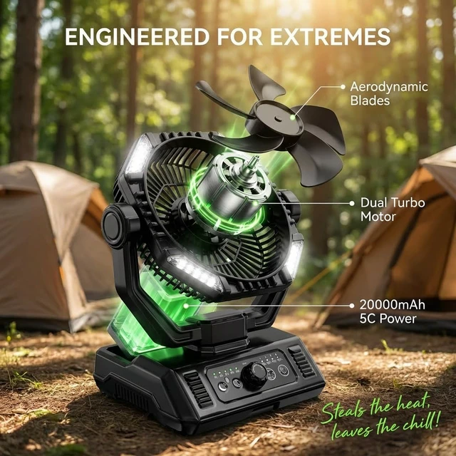 Alt view image 2 of 7 - BINUYASHA Rechargeable Camping Fan with 20000mAh Battery, 8-Speed Stepless Control, Remote, Auto Oscillating, Dual LED Light & Timer, Hanging Hook for Tent, Beach, Power Outage