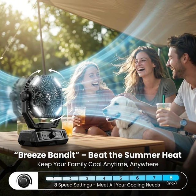 Alt view image 4 of 7 - BINUYASHA Rechargeable Camping Fan with 20000mAh Battery, 8-Speed Stepless Control, Remote, Auto Oscillating, Dual LED Light & Timer, Hanging Hook for Tent, Beach, Power Outage