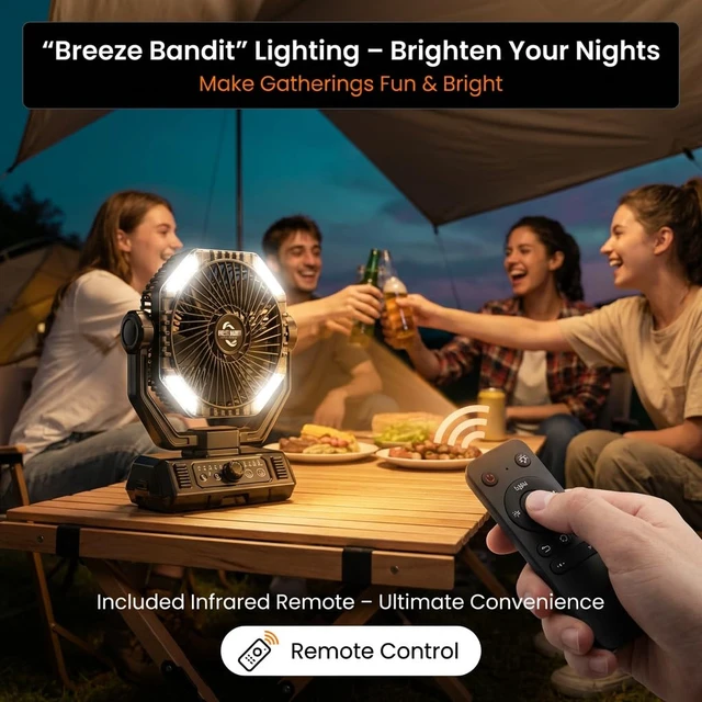 Alt view image 6 of 7 - BINUYASHA Rechargeable Camping Fan with 20000mAh Battery, 8-Speed Stepless Control, Remote, Auto Oscillating, Dual LED Light & Timer, Hanging Hook for Tent, Beach, Power Outage