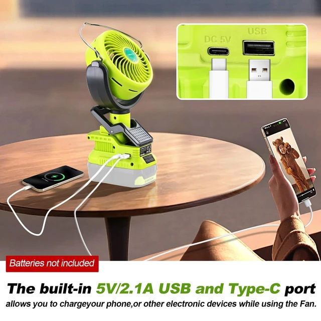 Alt view image 5 of 7 - Vtuxcey Clip Fan Compatible with Ryobi 18V ONE+ Battery (Tool Only) Cordless Portable Clip-On Fan with Dual USB Charging Ports & Adjustable Angle for Camping Jobsite Tent Travel Fishing Outdoor