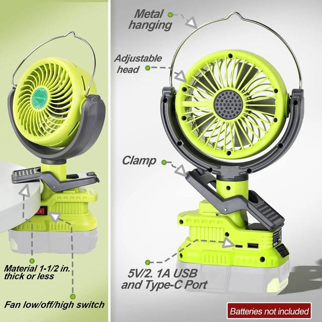 Alt view image 6 of 7 - Vtuxcey Clip Fan Compatible with Ryobi 18V ONE+ Battery (Tool Only) Cordless Portable Clip-On Fan with Dual USB Charging Ports & Adjustable Angle for Camping Jobsite Tent Travel Fishing Outdoor