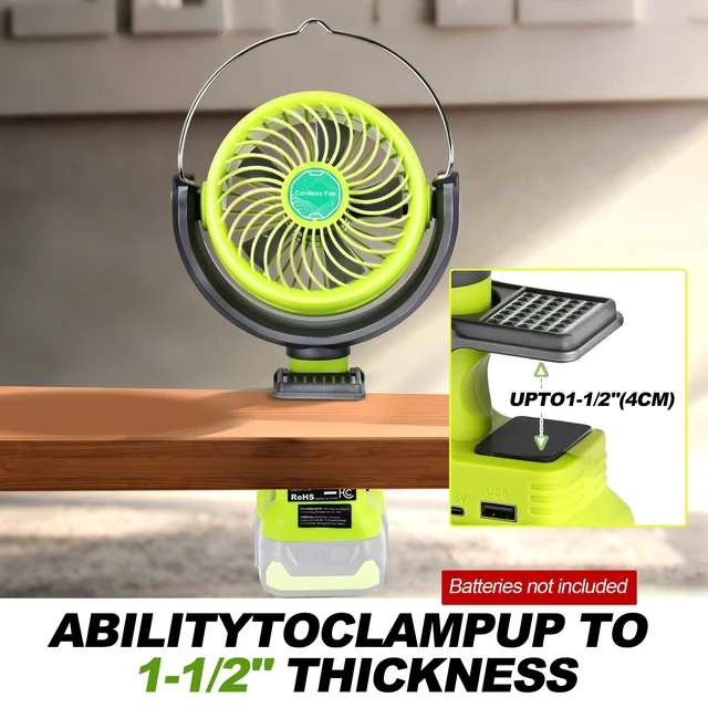 Alt view image 7 of 7 - Vtuxcey Clip Fan Compatible with Ryobi 18V ONE+ Battery (Tool Only) Cordless Portable Clip-On Fan with Dual USB Charging Ports & Adjustable Angle for Camping Jobsite Tent Travel Fishing Outdoor