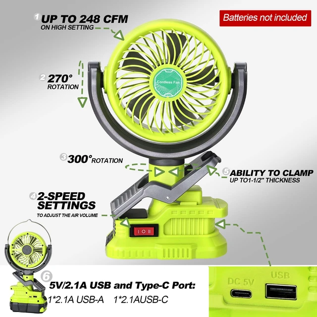 Alt view image 4 of 7 - Vtuxcey Clip Fan Compatible with Ryobi 18V ONE+ Battery (Tool Only) Cordless Portable Clip-On Fan with Dual USB Charging Ports & Adjustable Angle for Camping Jobsite Tent Travel Fishing Outdoor