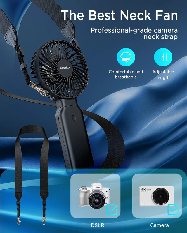 Alt view image 4 of 7 - EasyAcc Portable Handheld Fan, 10000mAh + 53H Cooling Time+ ODM Durrable + with Hands-Free Camera Strap + 4 Speeds, Rechargeable Handheld Fan for Travel Outdoor