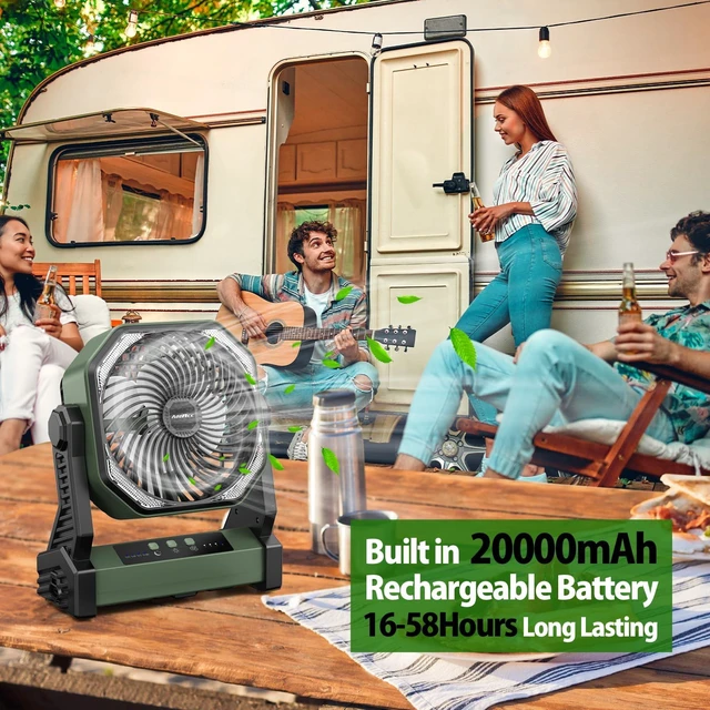 Alt view image 2 of 7 - 20000mAh Battery Powered Camping Fan, 58Hrs Rechargeable Portable Fan, 400LM Light, 360° Hook, Whisper Quiet Battery Operated Fan for Outdoor Car Travel Gear Essentials Power Outages Co-brand AMACOOL