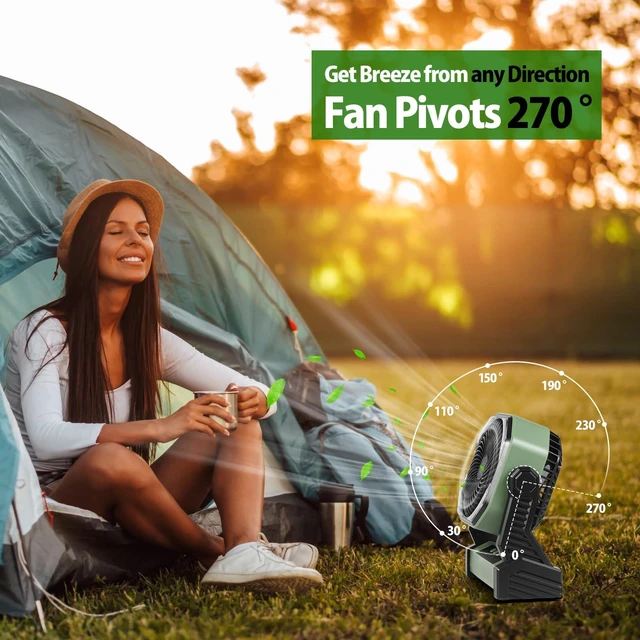 Alt view image 4 of 7 - 20000mAh Battery Powered Camping Fan, 58Hrs Rechargeable Portable Fan, 400LM Light, 360° Hook, Whisper Quiet Battery Operated Fan for Outdoor Car Travel Gear Essentials Power Outages Co-brand AMACOOL