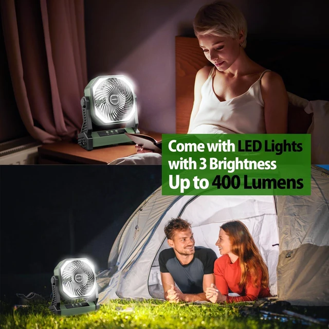 Alt view image 3 of 7 - 20000mAh Battery Powered Camping Fan, 58Hrs Rechargeable Portable Fan, 400LM Light, 360° Hook, Whisper Quiet Battery Operated Fan for Outdoor Car Travel Gear Essentials Power Outages Co-brand AMACOOL