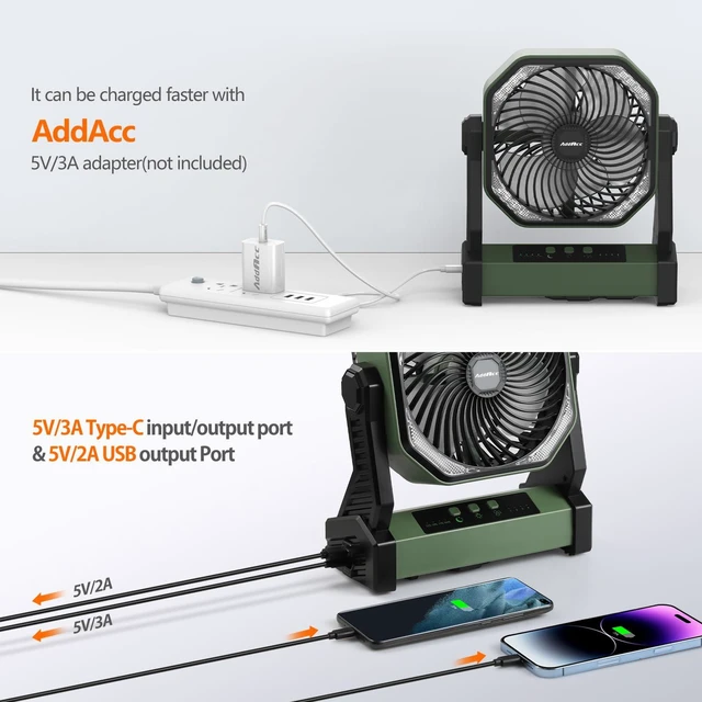 Alt view image 5 of 7 - 20000mAh Battery Powered Camping Fan, 58Hrs Rechargeable Portable Fan, 400LM Light, 360° Hook, Whisper Quiet Battery Operated Fan for Outdoor Car Travel Gear Essentials Power Outages Co-brand AMACOOL