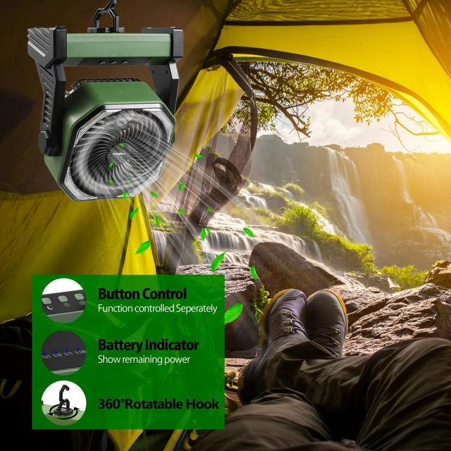 Alt view image 6 of 7 - 20000mAh Battery Powered Camping Fan, 58Hrs Rechargeable Portable Fan, 400LM Light, 360° Hook, Whisper Quiet Battery Operated Fan for Outdoor Car Travel Gear Essentials Power Outages Co-brand AMACOOL