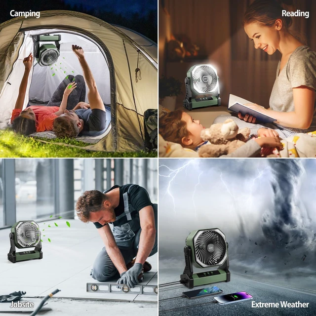 Alt view image 7 of 7 - 20000mAh Battery Powered Camping Fan, 58Hrs Rechargeable Portable Fan, 400LM Light, 360° Hook, Whisper Quiet Battery Operated Fan for Outdoor Car Travel Gear Essentials Power Outages Co-brand AMACOOL