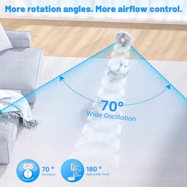 Alt view image 3 of 6 - Portable Foldable Oscillating Travel Fan - 8.6" Battery Powered | 4 Speeds, Timer, Quiet, 8000mAh Rechargeable, Remote Control. Stand/Desk Pedestal Ventilador, Ideal for Sleep Office Camping