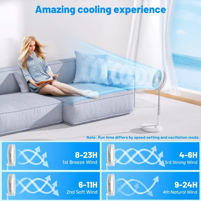 Alt view image 4 of 6 - Portable Foldable Oscillating Travel Fan - 8.6" Battery Powered | 4 Speeds, Timer, Quiet, 8000mAh Rechargeable, Remote Control. Stand/Desk Pedestal Ventilador, Ideal for Sleep Office Camping
