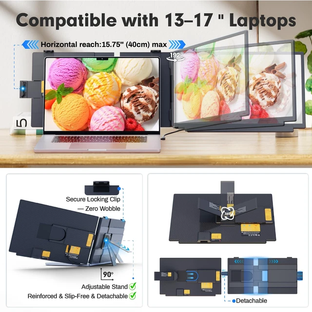Alt view image 7 of 7 - Upgraded Laptop Screen Extender, 15.6Ultra-Thin Dual Portable Monitor with 1080P FHD IPS, Detachable & 4-in-1 Modes, USB-C/HDMI Plug-Play Monitor Extender for Mac/Win/Android, Fits 13-17" Laptops