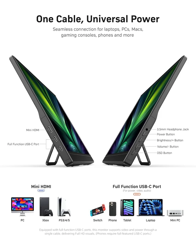 Alt view image 4 of 7 - WCV Portable Monitor 15.6 Inch 1080P USB-C HDMI Ultra-Slim Travel Monitor with Kickstand, Compatible with Xbox, Laptop, PC, Mac Phone, PS, Swich IPS Ultra-Thin Zero Frame Gaming Monitor