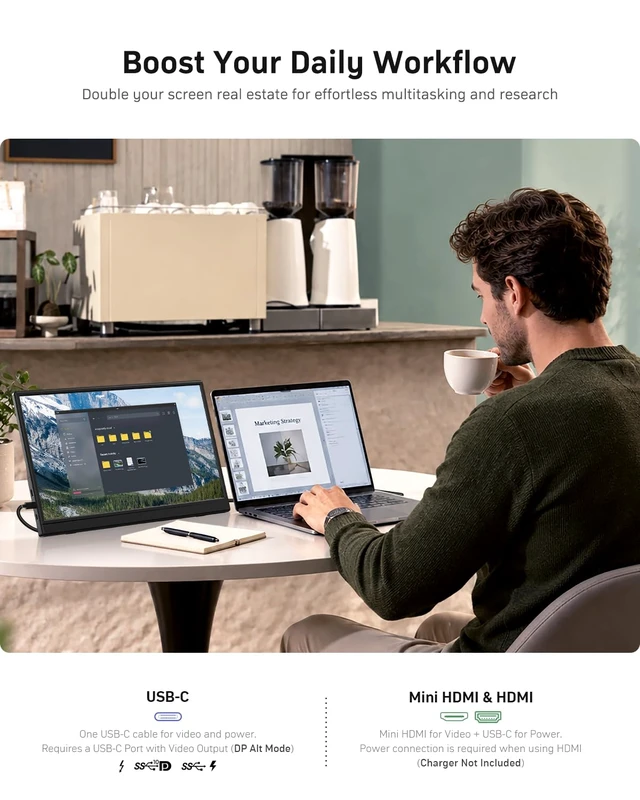 Alt view image 6 of 7 - WCV Portable Monitor 15.6 Inch 1080P USB-C HDMI Ultra-Slim Travel Monitor with Kickstand, Compatible with Xbox, Laptop, PC, Mac Phone, PS, Swich IPS Ultra-Thin Zero Frame Gaming Monitor