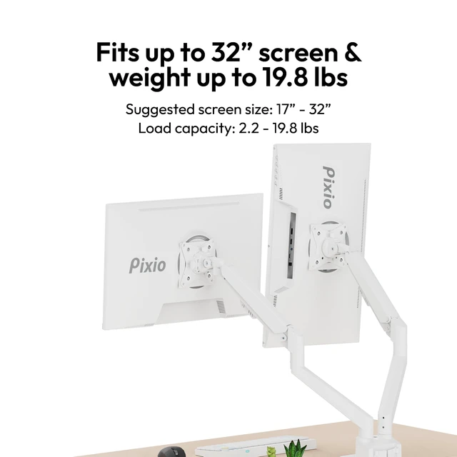 Alt view image 2 of 7 - Pixio PS1D Wave White Dual Monitor Arm Stand Desk Mount - Fits up to 32 inches Monitors and up to 19.8lbs. VESA Compatibility and Integrated Cable Management